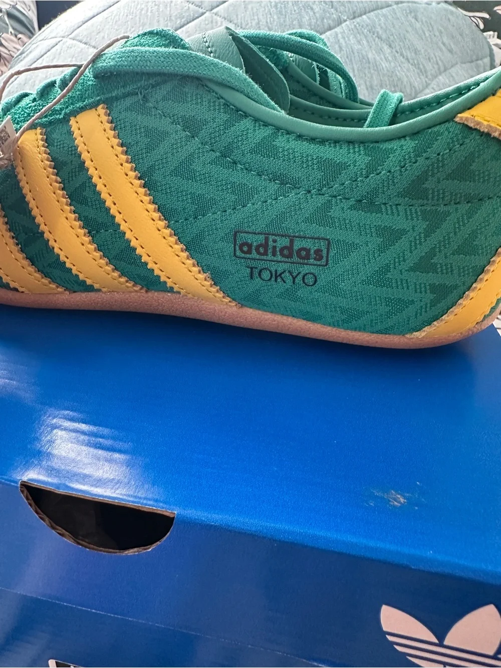 NWB: WMS Adidas Tokyo W Green with Yellow Three-Stripe Sneakers size 7.5